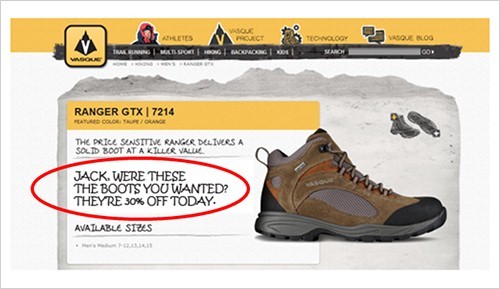 Webpage displaying a pair of hiking boots with text that says "Jack, were these the boots you wanted? They're 30% off today."