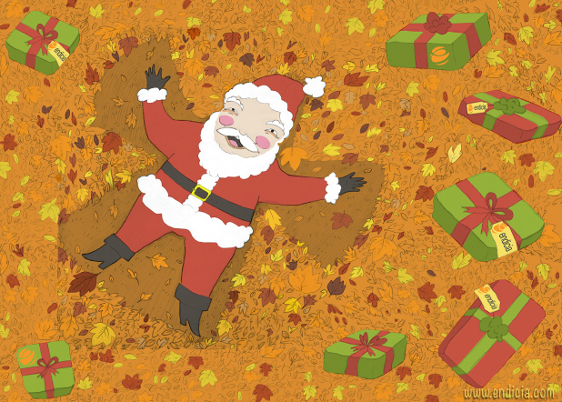 Santa playing in autumn leaves while surrounded by wrapped presents
