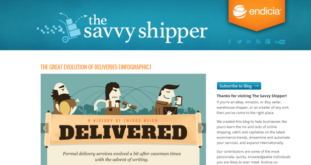 Screenshot of new Endicia blog homepage - The Savvy Shipper