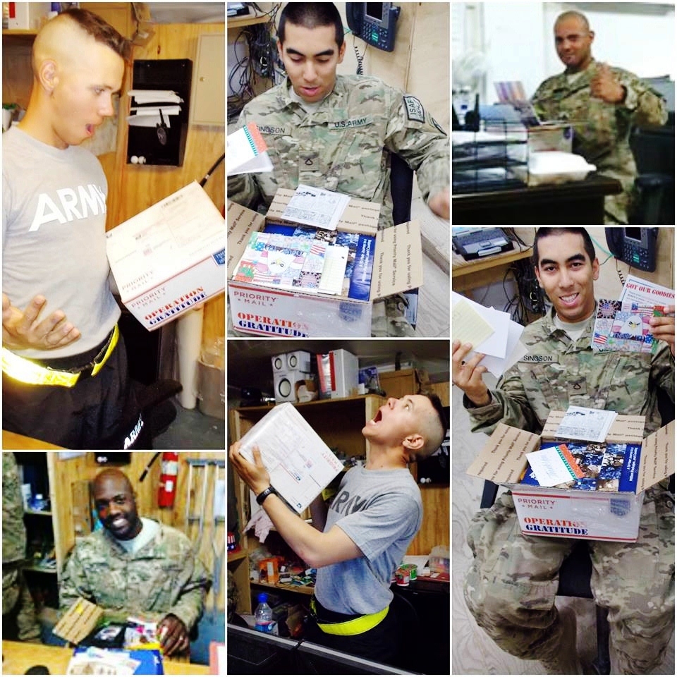 Collage of six soldiers receiving USPS Priority Mail boxes filled with goodies from Operation Gratitude.