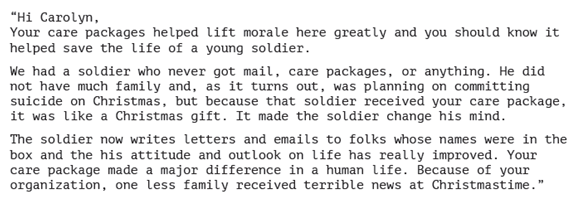 Letter written to Operation Gratitude from sergeant.