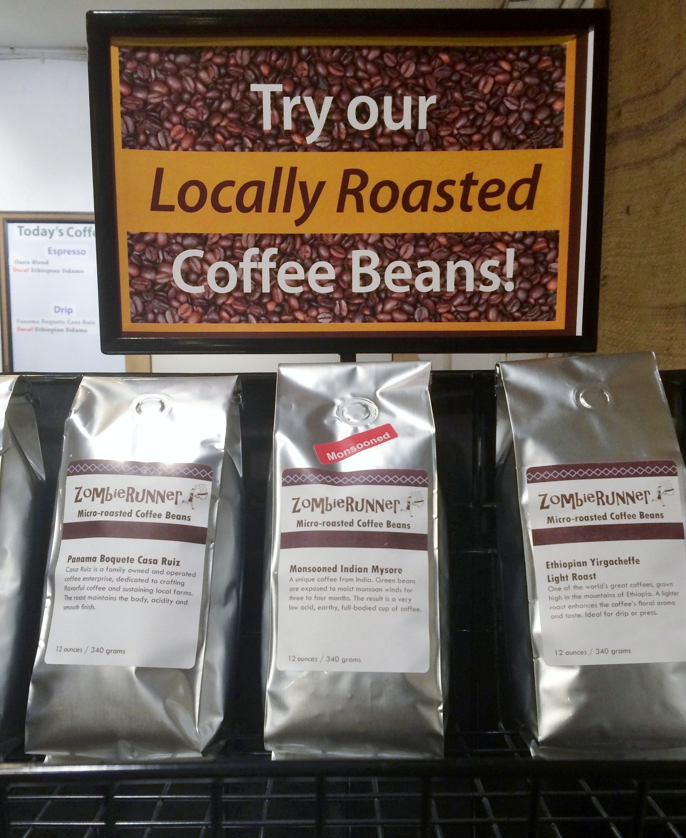 Bags of ZombieRunner coffee beans