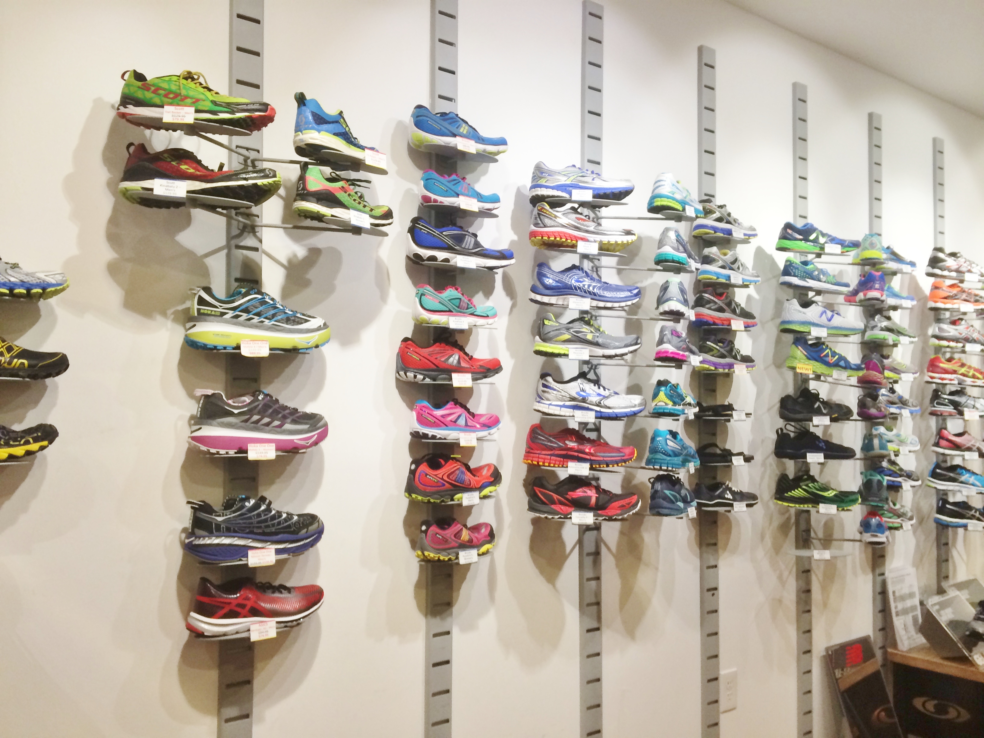 Wall display of running shoes