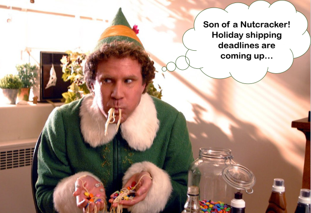 the movie Elf - Will Ferrell thinking about FedEx, UPS, USPS holiday shipping deadlines 2014