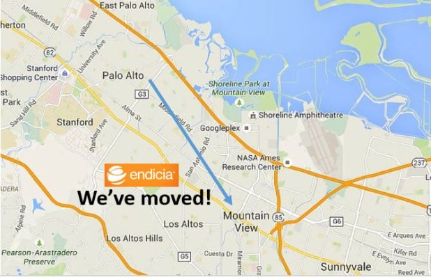 Map showing Endicia’s move from Palo Alto to downtown Mountain View.
