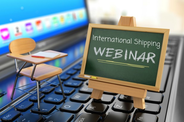 Chair and blackboard with writing “international shipping & selling webinar”
