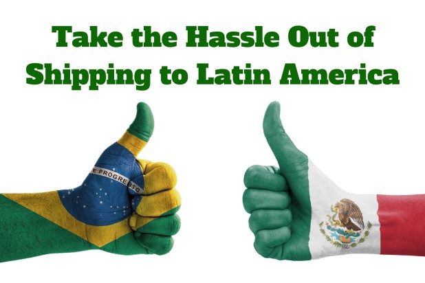 Two thumbs up – Brazil and Mexico flags – representing Endicia Canada Returns service – for USPS international returns and international shipping to Canada