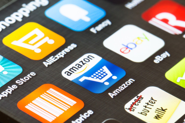 Mobile screen showing top online marketplaces apps like Amazon and eBay –ecommerce business tips for international selling and shipping.