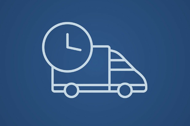 Cartoon package delivery truck with an analog clock on it