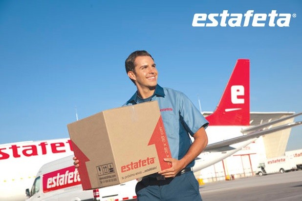 Estafeta employee holding box near airplane