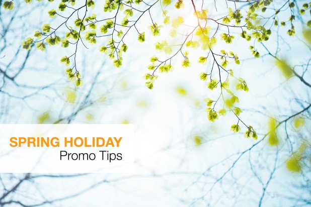 Budding tree branches and spring holiday promo tips