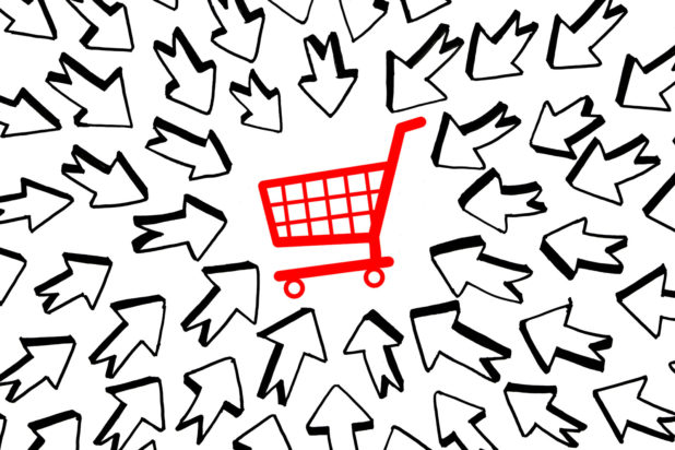 Illustration of arrows pointing to shopping cart